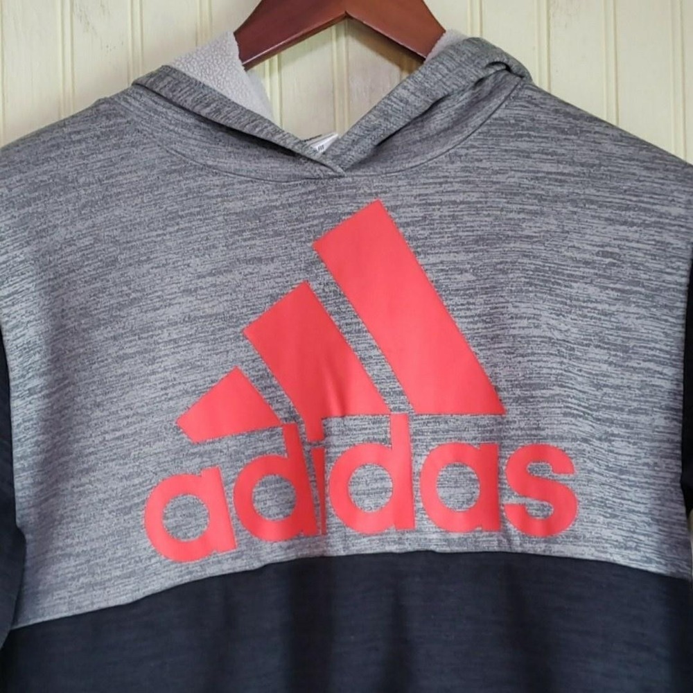 Adidas Hoodie Youth 14/16 Gray Red Logo Fleece Pullover Sweatshirt Athletic